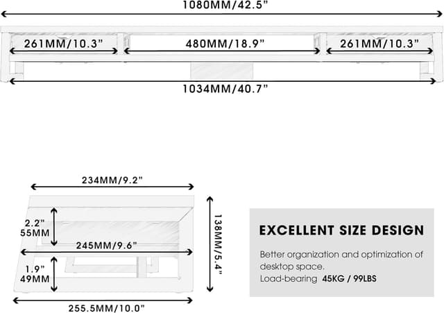 Detalle de Fenge Dual Monitorständer Riser mit 2 Acryl-Schubladen, 2 Etagen – 108 cm, bis 45 kg (Braun)