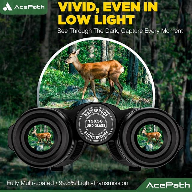 Detalle de AcePath 15x56 Binoculars for Adults — Compact Waterproof High-Powered Glasses-Friendly Optics
