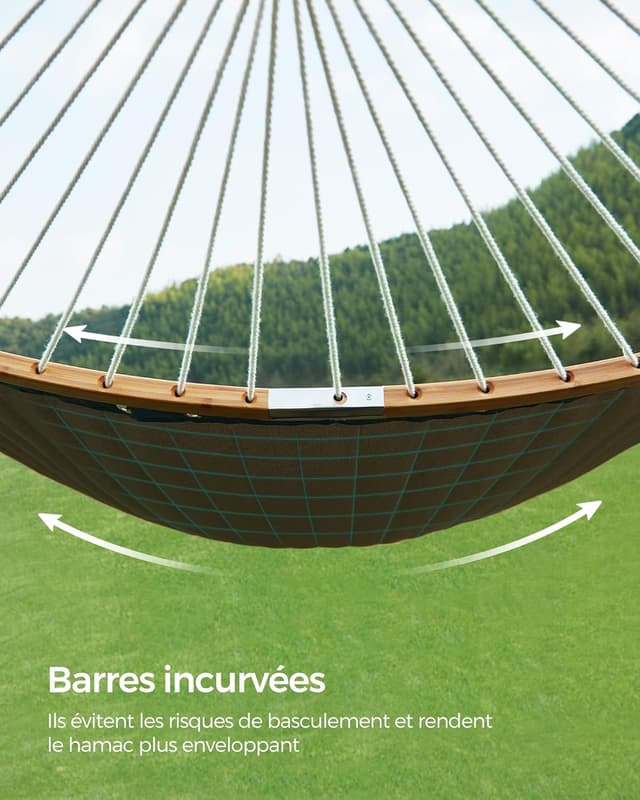 Detalle de Hamac double SONGMICS GDC34CG matelassé 200 x 140 cm, barres incurvées démontables en bambou