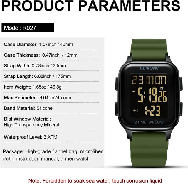 Thumbnail 6 de LN LENQIN Herren Digitaluhr mit Alarm, Stoppuhr und LED-Hintergrundbeleuchtung (30 m wasserdicht)