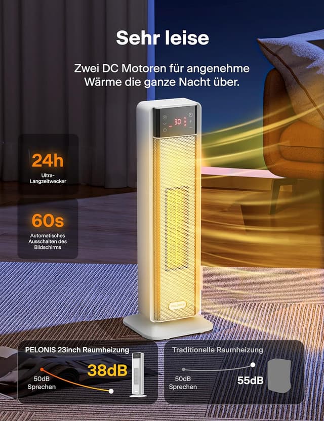 Detalle 1 de PELONIS Keramik-Heizlüfter 2000 W mit Fernbedienung & Thermostat – leise, 75° Oszillation, 24h Timer