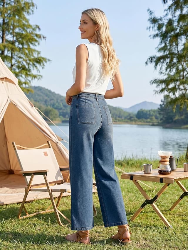 Detalle de StylSense Baggy Jeans Damen High Waist Wide Leg Stretch – 7/8 Jeanshose mit geradem Bein