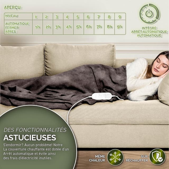 Detalle de Sinnlein Chauffe-lit surmatelas chauffant 160 x 120 cm marron, 9 niveaux et arrêt automatique