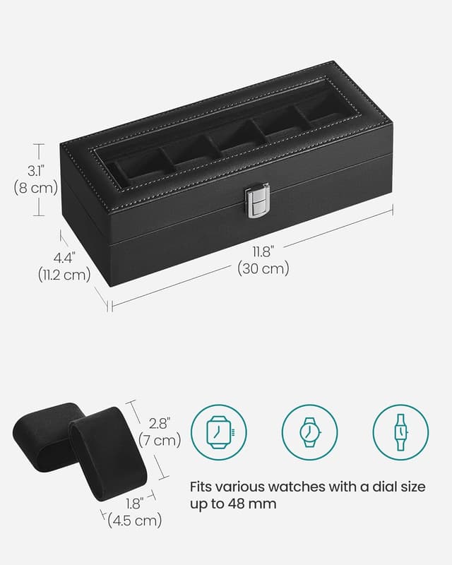 Detalle de SONGMICS JWB06B01 6-Slot Watch Box with Glass Lid and Removable Pillows