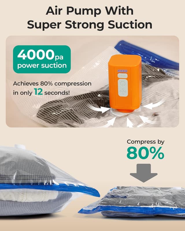 Detalle de BAGSMART Vacuum Storage Bags with Wireless Electric Pump – 12-pack reusable vacuum bags for travel and home