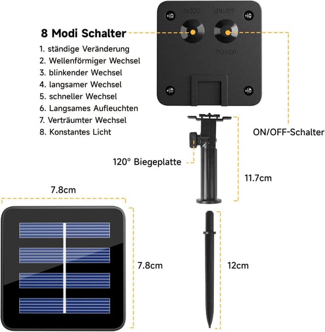 Thumbnail 6 de Electight Solar Lichterkette Außen (IP65) mit 8 Modi, 10 m, 100 LEDs – warmes gelbes Licht