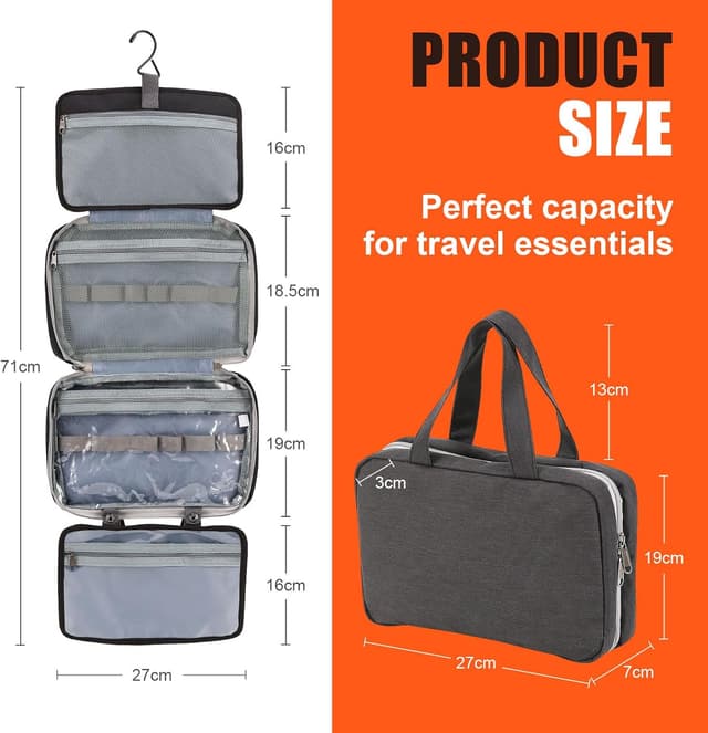 Detalle de FeinKulturia Kulturbeutel Reisetasche mit Metallhaken – faltbare, wasserabweisende Kulturtasche mit Nass-Trocken-Trennung (schwarz)