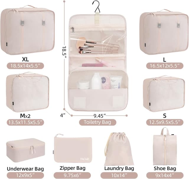 Detalle de BAGAIL 10 Set Packing Cubes in Cream (Various Sizes)