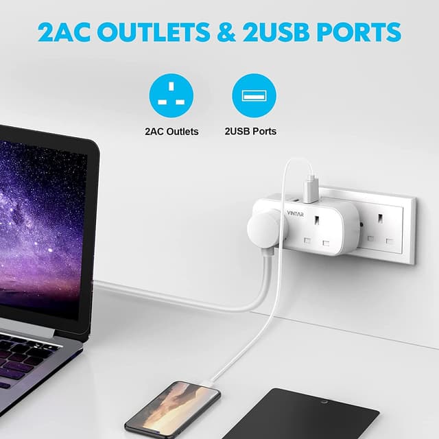 Detalle 2 de VINTAR Double Plug Adaptor with 2 USB, 13A Power Socket 🔌