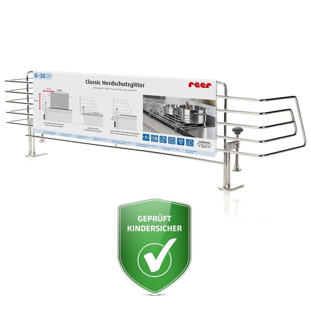 Detalle de reer CLASSIC Herdschutzgitter aus Edelstahl (65 cm) – stabile Kindersicherung für Ceran & Induktion