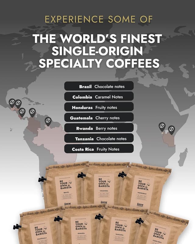 Detalle de Kaffee Geschenk Set zum Außenbereich mit 14 Single-Estate Spezialitäten & Bio Kaffees – für Brauen & Genießen