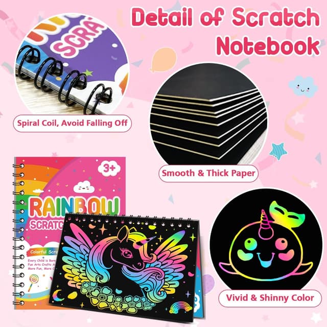 Detalle de LIKYMO Rainbow Scratch Art Party Bag Fillers (48-pack) for kids aged 4–9