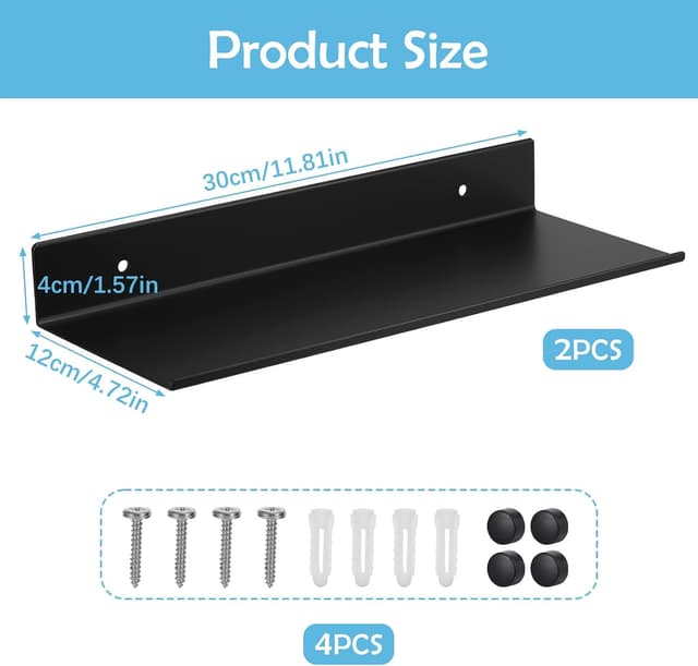 Detalle de JIZZU schwebende Wand-Badregale (2 Stück), schwarz, selbstklebend, ohne Bohren – Metallregale für Bad, Küche, Wohnzimmer & Büro