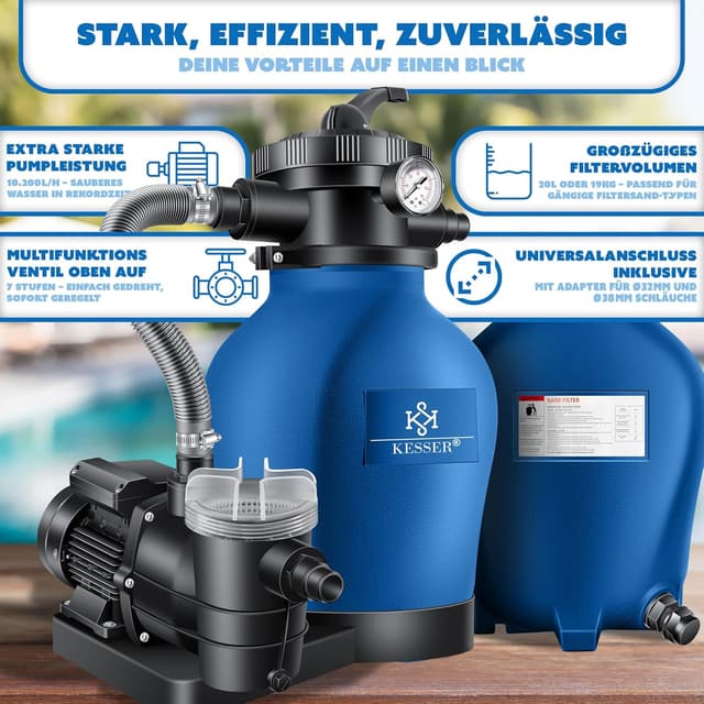 Thumbnail 6 de KESSER® Sandfilteranlage mit 7-Wege-Ventil, Druckanzeige und Wettercover – Filterleistung bis 10 m³/h