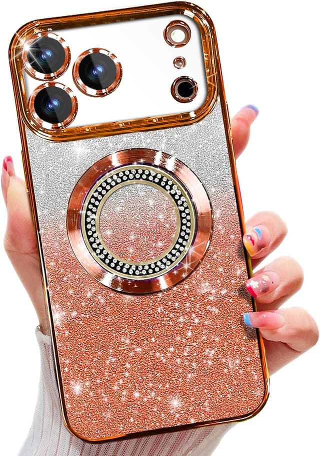 Detalle de Misscase Magnetic Glitter Case for iPhone 17 Pro Max (6.9"), Orange – MagSafe-ready slim shockproof cover