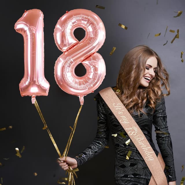 Detalle de 18th Birthday Decorations for Girls Set – Rose Gold 18 Tiara & Sash, Cake Topper, Candles, 18 Balloons