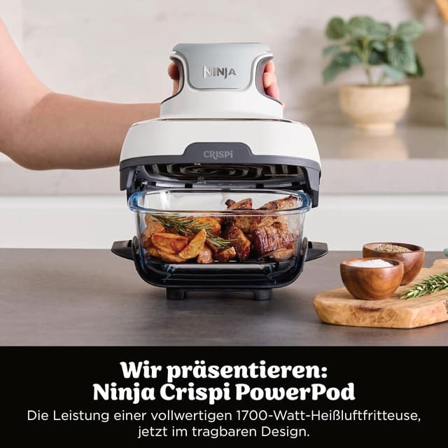Detalle de Ninja CRISPi Tragbare Heißluftfritteuse FN102EU (4-in-1) mit Tragetasche, 2 Glasbehältern 1,4 l & 3,8 l