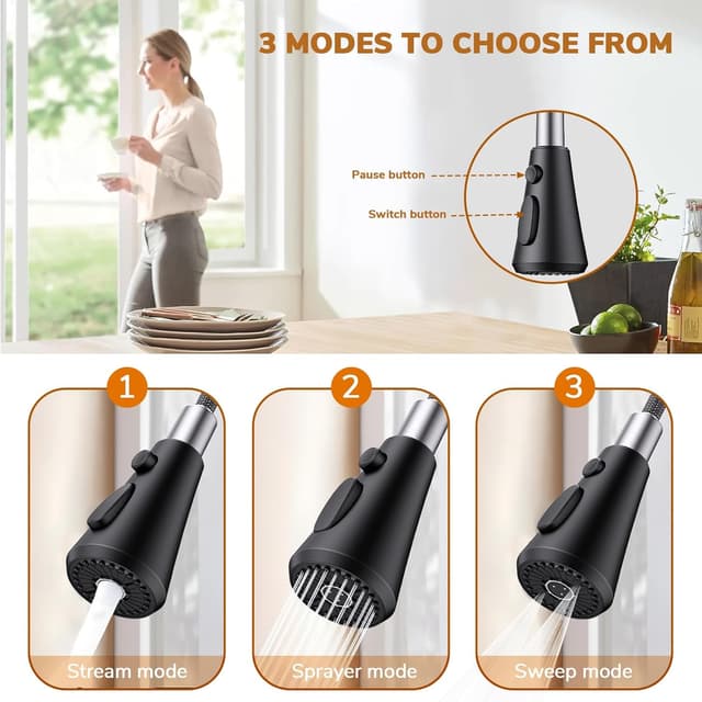 Detalle de HURRAN Rubinetto Cucina a Muro con 3 modalità, monocomando girevole 360° e finitura nero opaco