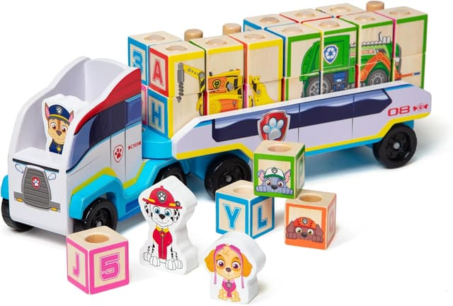 Detalle de Melissa & Doug PAW Patrol ABC – riesiger Holz-Lkw mit Anhänger, Buchstaben- & Zahlenklötze
