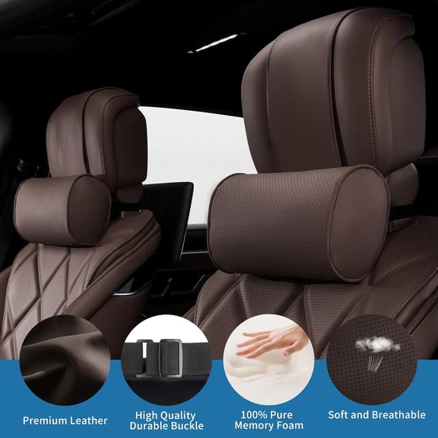 Detalle de Dapucarin Auto Nackenkissen aus 100% Memory Foam mit abnehmbarer Leder-Abdeckung – 2er-Set, Braun
