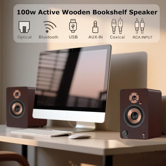 Detalle de LONPOO Bluetooth Regal-Lautsprecher LP42M mit 4" Woofer, optisch/koaxial/RCA/USB/AUX und Fernbedienung