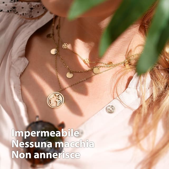 Detalle de BONNYBIRD BonnyCoin collana estiva donna in acciaio inox argento, oro e oro rosa regolabile 38–44 cm, impermeabile e senza nichel