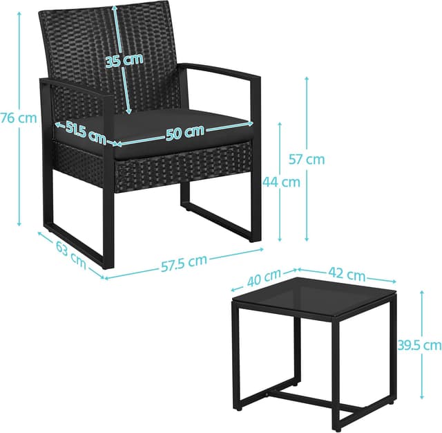 Detalle de Yaheetech set mobili da giardino in poly rattan con 2 sedie e tavolino per balcone, nero con cuscini