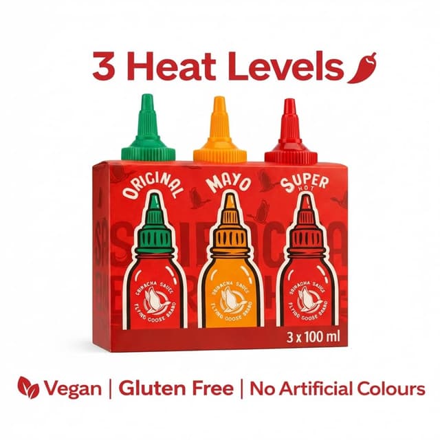 Detalle de Flying Goose Sriracha scharfe Chilisaucen-Mischkarton (3 x 100 ml) als Probierpaket in 3 Geschmacksrichtungen