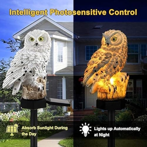 Detalle 2 de Hoofun Lampe Solaire Extérieur Hibou : éclairage automatique étanche pour jardin et allée (blanc)