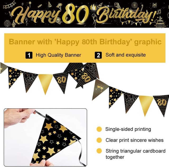 Detalle de 14 Pieces 80th Happy Birthday Decorations Kit (9ft Banner, Triangle Flags, Confetti Balloons)