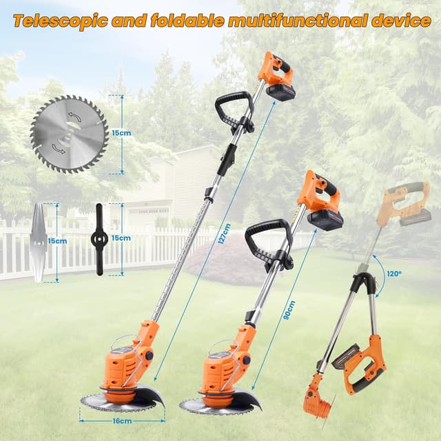 Detalle de Akku-Rasentrimmer mit 21V, klappbarem Akku-Freischneider und 4 Messertypen (inkl. 2 Akkus) – für Rasenkanten & Unkraut