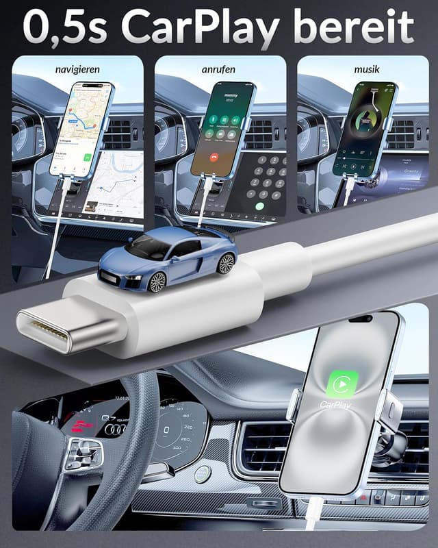 Detalle 2 de USB-A auf USB-C CarPlay Kabel (2er-Set, 1 m) für iPhone & Android – 3A Schnellladen, 480 Mbit/s Datensync