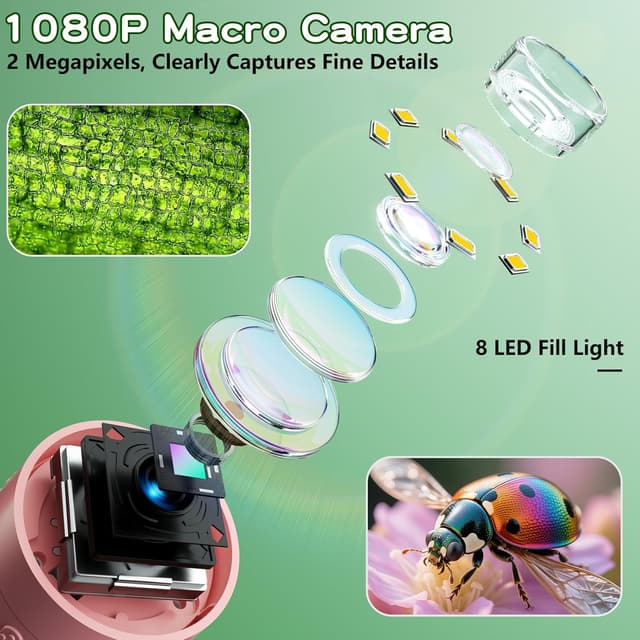 Detalle de Odatay Kids Digital Microscope (100X–1000X) with 1080P Camera, 12 Slides, Pink