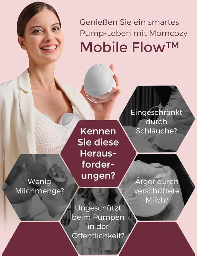 Detalle de Momcozy Mobile Flow M9 Upgrade Freihändige Milchpumpe (App-Steuerung, 15 Stufen) – Grau, 2 Stück, 24 mm