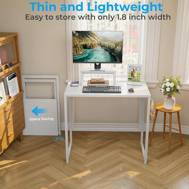 Detalle de GreenForest Folding Desk with Monitor Shelf (80cm) — white, small foldable computer desk for home office