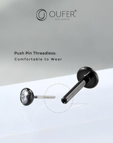 Detalle 2 de OUFER Body Piercing Labret en titanio negro con sistema threadless/push-in (16G/18G/20G)