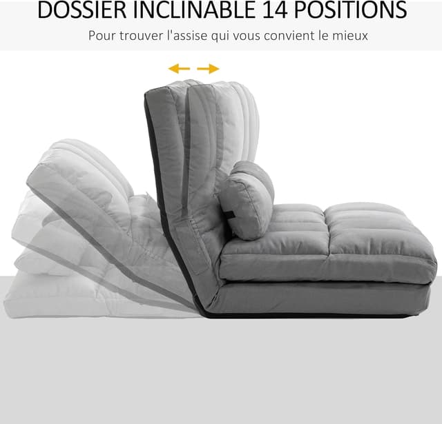 Detalle de HOMCOM chauffeuse pliant convertible à dossier réglable jusqu’à 180° avec 2 coussins – Gris