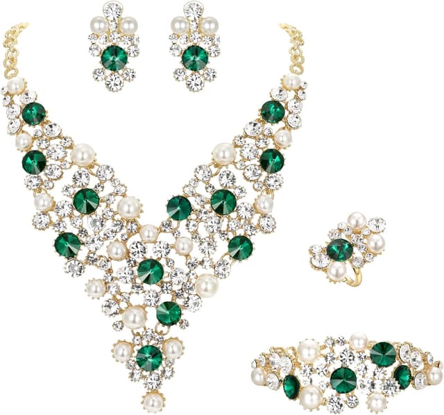 Detalle de Parure bijoux de mariage Clearine 4 pièces collier, boucles d’oreilles, bracelet et bague