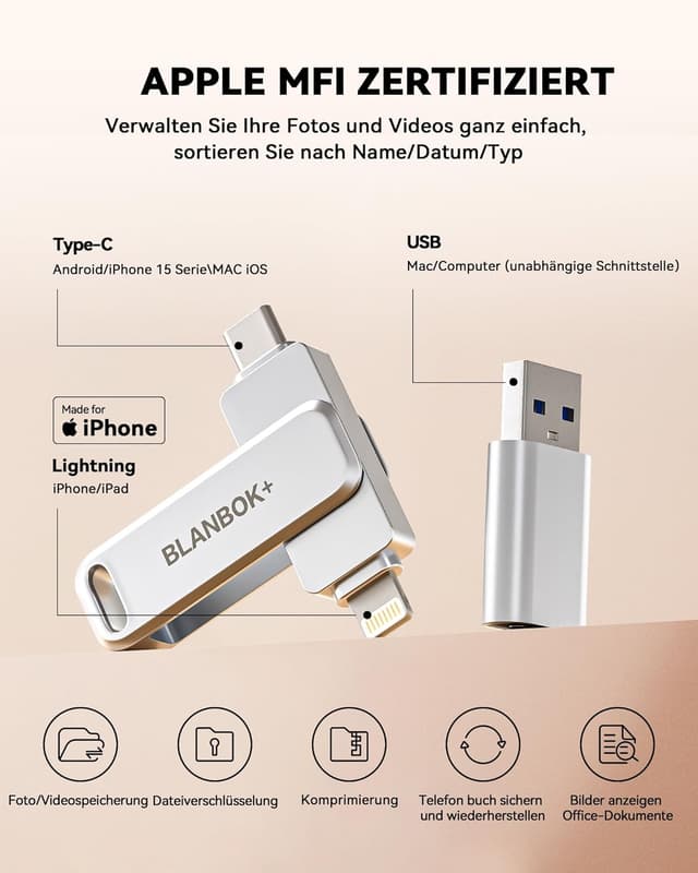 Detalle 2 de BLANBOK+ 128GB USB C Stick MFi zertifiziert