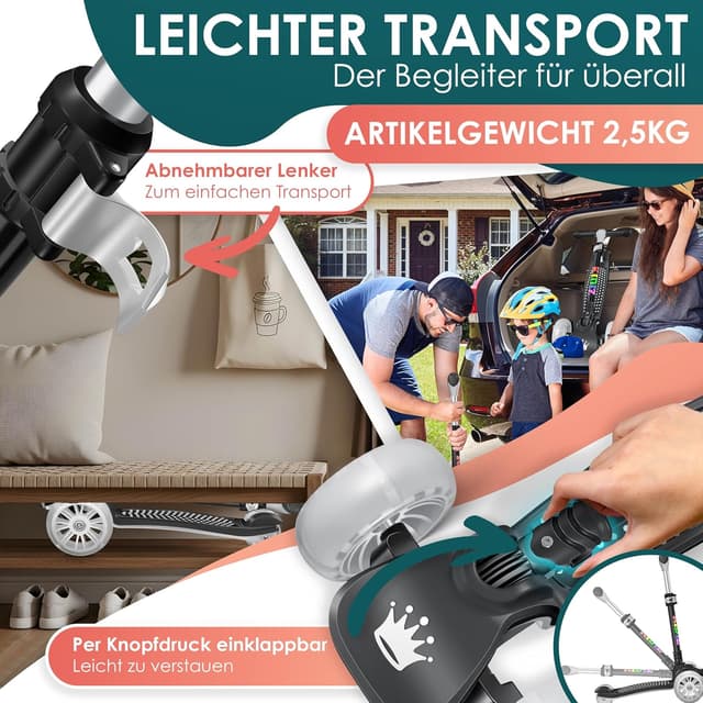 Detalle de KIDIZ Roller Kinder Scooter X-Pro2 – faltbarer 3-Rad-Tretroller mit LED-Lenkung für 3–12 Jahre