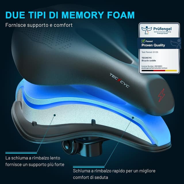 Detalle de TECHCYC Sella per bicicletta in memory foam e gel, comoda e traspirante per strada, MTB e bici elettriche
