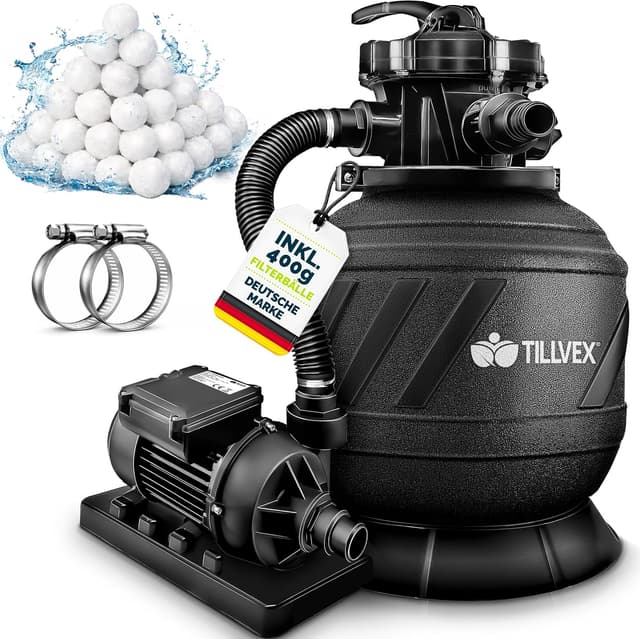 Detalle de tillvex® Sandfilteranlage Pool (7.900 l/h) inkl. 7-Wege-Ventil, Druckanzeige & 400 g Filterbälle
