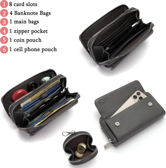 Detalle 2 de Snmoec Umhängetasche mit Kartenfächern, Münzbörse und Handyfach (bis 6,9 Zoll) – dunkelgrau