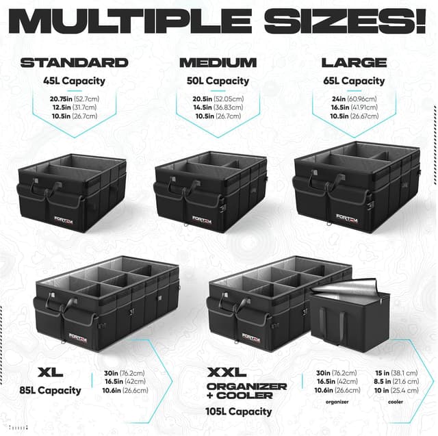 Detalle de FORTEM Car Boot Organiser (Collapsible Multi-Compartment SUV Organizer) – 600D Oxford, Soft Cover, 65L