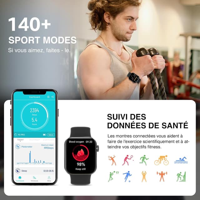 Detalle de Montre connectée Bluetooth pour femme et homme P2 : écran 1,85”, appels, cardio et 140+ modes sport