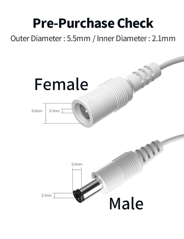 Detalle de TONTON DC-Verlängerungskabel (2,1 mm x 5,5 mm) – 5 m, 22AWG, für LED-Streifen & Netzteile von Überwachungskameras