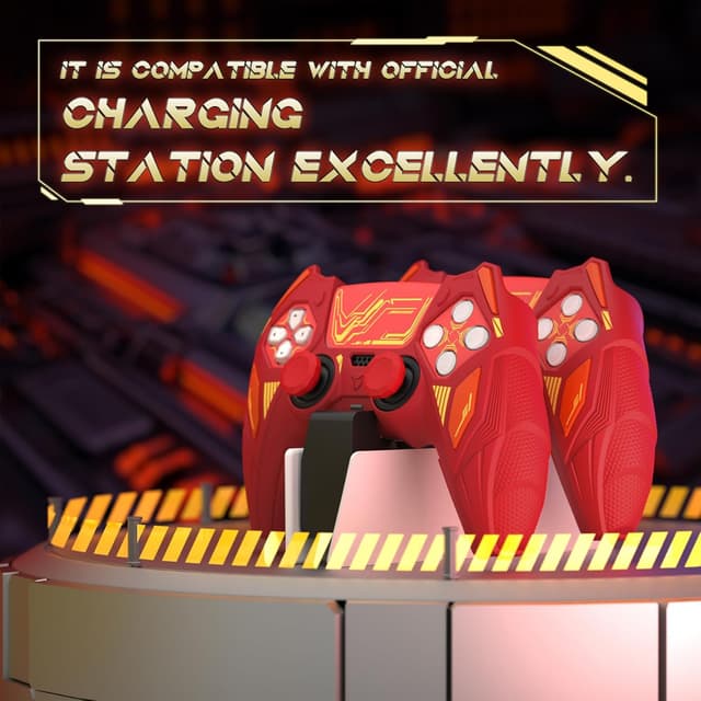 Detalle de PlayVital Mecha Rhino silicone cover for PS5 controller (thumb grips & stickers) – anti-slip grip skin, Maple Red & Brick Red