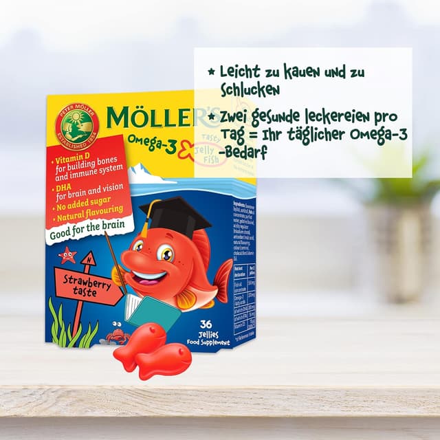 Detalle de Möller’s Omega 3 Kapseln für Kinder (Erdbeergeschmack) – mit DHA und EPA, 36 Stück