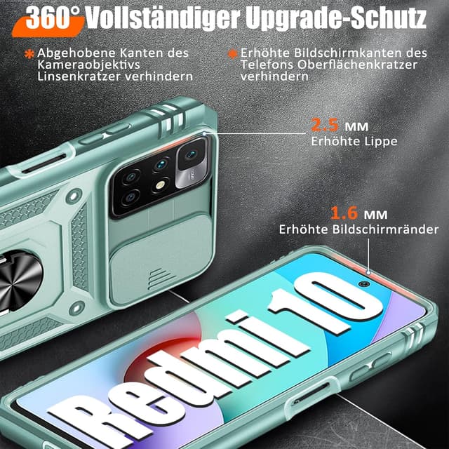Detalle de Giyer Handyhülle für Xiaomi Redmi 10 mit Schutzfolie – stoßfestes Case mit Kameraschutz, 360° Metallring und Ständer (Minzgrün)