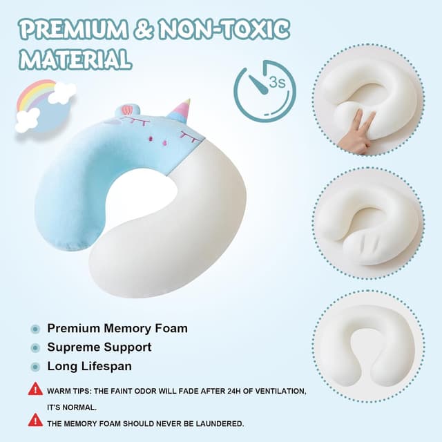 Detalle de Cirorld Kids Travel Pillow & Neck Support with Memory Foam and Sleep Mask (Blue Unicorn)